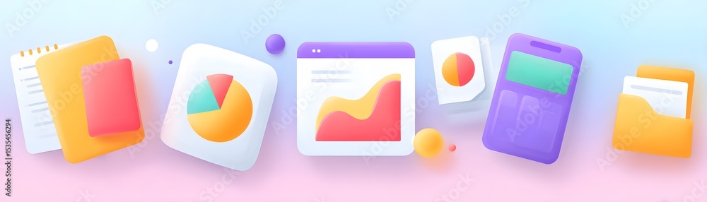 Poster colorful 3d icons representing data analysis, charts, files, and a calculator on a soft gradient bac