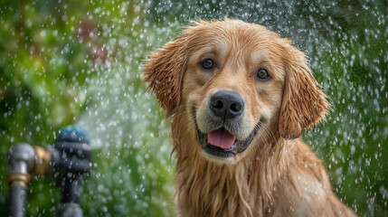 Golden retriever smiling through fine water mist spray in backyard. Freeze-frame droplets. Top 40% shows blurred green garden – vibrant space for pet product ads. Hose nozzle visible bottom-left.