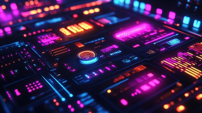 Futuristic interface with glowing neon lights displays data and information. Abstract technology background with vibrant colors for modern tech and digital concepts.