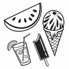 Black vector of sliced watermelon, ice cream cone, popsicle, and lemonade glass, bold summer elements