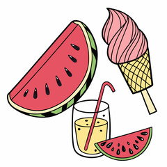 Black vector of sliced watermelon, ice cream cone, popsicle, and lemonade glass, bold summer elements