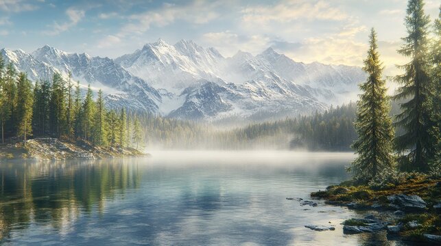 Serene mountain lake with misty waters and snow-capped peaks on a clear day - Powered by Adobe