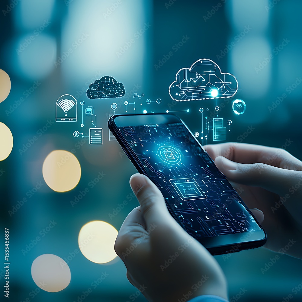 Aufkleber hands holding smartphone displaying digital connection icons with blurred background in urban enviro