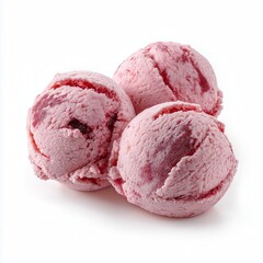 Three scoops of raspberry frozen sweet ice cream isolated on white background.