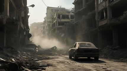 Abandoned car in the middle of the street,  buildings collapsed and rubble scattered across the streets after an earthquake,