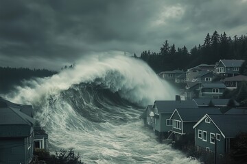 A giant tsunami wave crashing over the houses in a coastal town