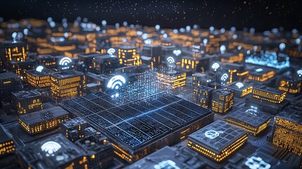 Futuristic urban landscape with glowing buildings and wireless signals represented by bright blue icons at night