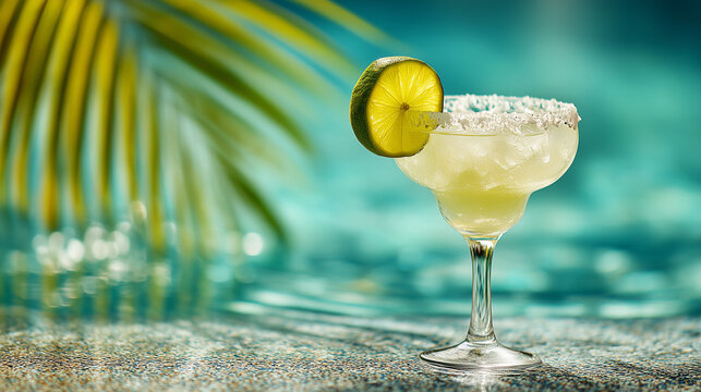 Salt-rimmed margarita glass with lime wedge against poolside setting. Shallow focus places drink sharp in foreground. Background features blurred turquoise water (bottom) and palm fronds (top) - dual