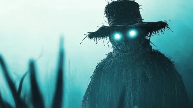 A figure made of straw stands in a foggy field, illuminated by glowing eyes, creating an eerie atmosphere at night