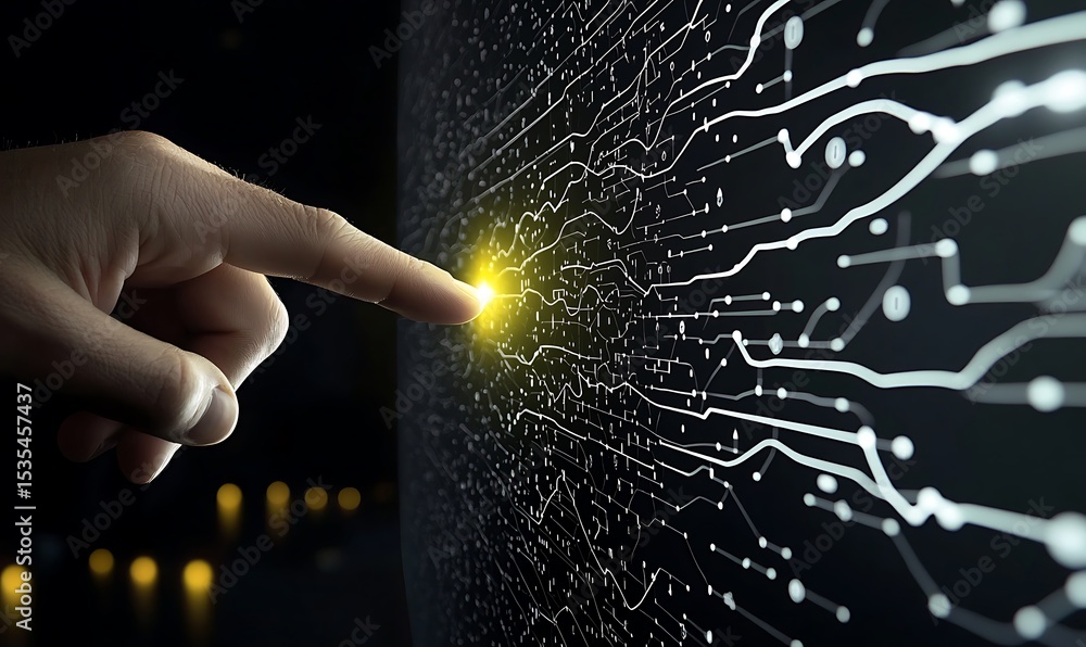 Poster close-up view of finger touching digital circuit board graphics with bright glow in dark background