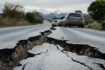 A road with large cracks and sunken sections near the surface, causing a severe crack in the highway next to the countryside. 