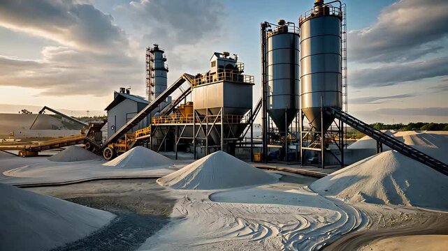 Large industrial cement plant with silos and conveyors under dramatic evening sky at a construction material site
