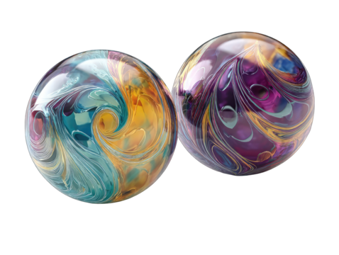 Two abstract, glossy spheres, swirling with vibrant colors