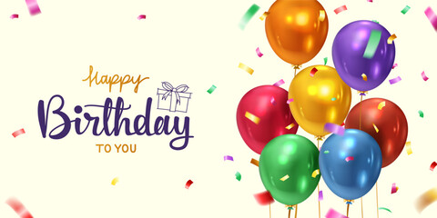 colorful balloons and golden ribbons confetti isolated on light yellow background , happy birthday text calligraphy design banner