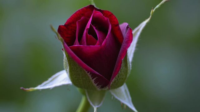Close-up of crimson rose slowly blooming