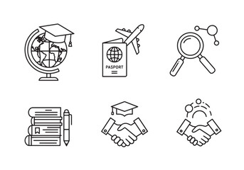 Line art icons representing education global travel and collaboration on white background