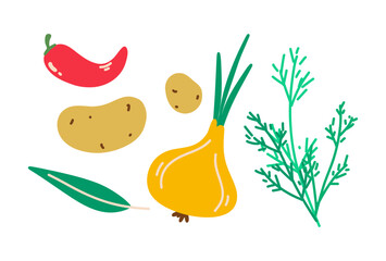 A set of vegetables and greens