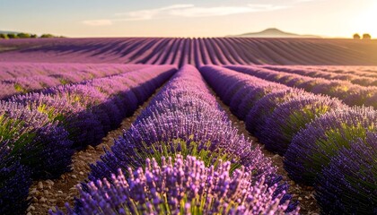 Obraz premium Stunning Lavender Fields at Sunset Rows of Purple Flowers in a Scenic Landscape