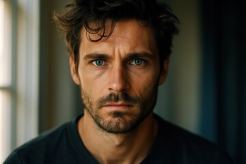 Fototapeta premium Intense emotional expression captured in a close-up of a man with striking blue eyes and tousled hair in soft lighting