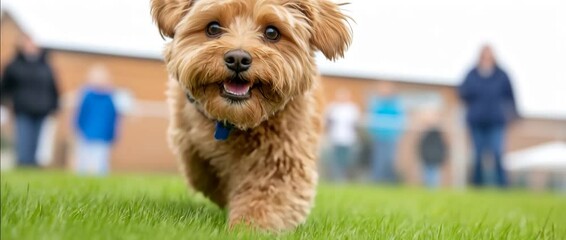 Happy fluffy dog, happy fluffy dog running outside, happy fluffy dog playing in the grass - Powered by Adobe