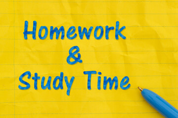 Homework and Study Time with ruled yellow loose leaf notebook paper with pen