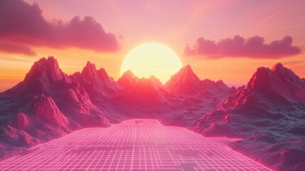 Pink grid road leads to mountains under a sunset sky. Synthwave landscape with vibrant colors and a retro aesthetic, evoking a sense of nostalgia and technological advancement.