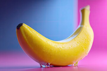 A vibrant yellow banana rests on a glossy pink surface adorned with water droplets against a blurred bluepink backdrop
