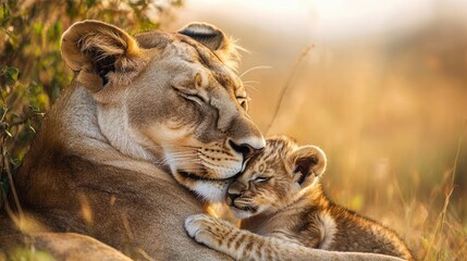 Lioness snuggling with her young cub in Masai Mara, Kenya. --