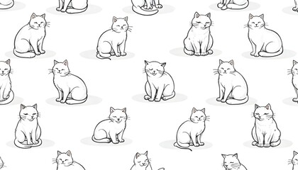 Seamless pattern presenting serene black and white cats vector outline hand-drawn.