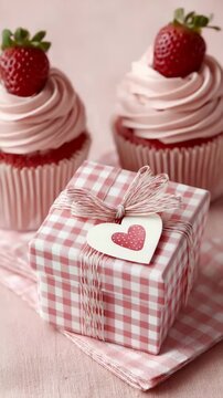 Valentine cupcake gift, valentine cupcake gift, valentine cupcake gift with pink frosting, strawberries, and heart tag wrapping, valentine cupcake gift animation for romantic celebration and sweet hol
