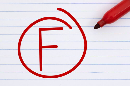Getting a failing grade with F mark with a red marker on ruled loose leaf notebook paper