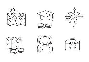 Travel and education icon set featuring map airplane graduation backpack and camera