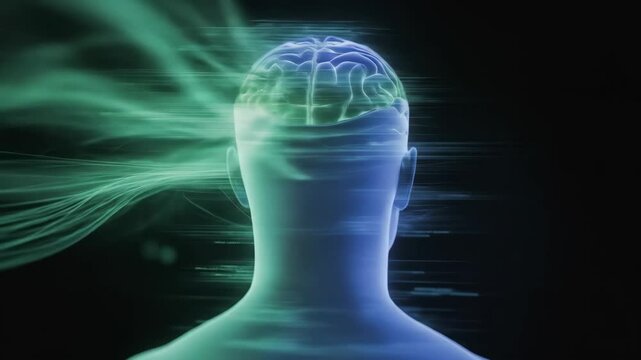 Abstract illustration of brain with energy flowing out of head featuring a human head profile view