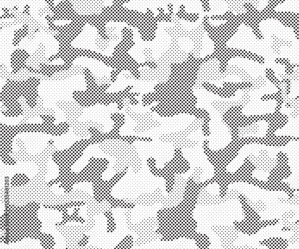 Poster Abstract halftone seamless camouflage pattern. Repeating digital dotted hexagonal camo military texture background. Abstract modern fabric textile ornament. Vector illustration.