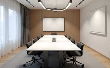 Contemporary minimalist conference room with minimal decor. Featuring clean lines and a professional layout. High quality