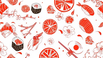Delightful Japanese Sushi Pattern featuring Red Oranges and Cherry Blossoms a vibrant food design