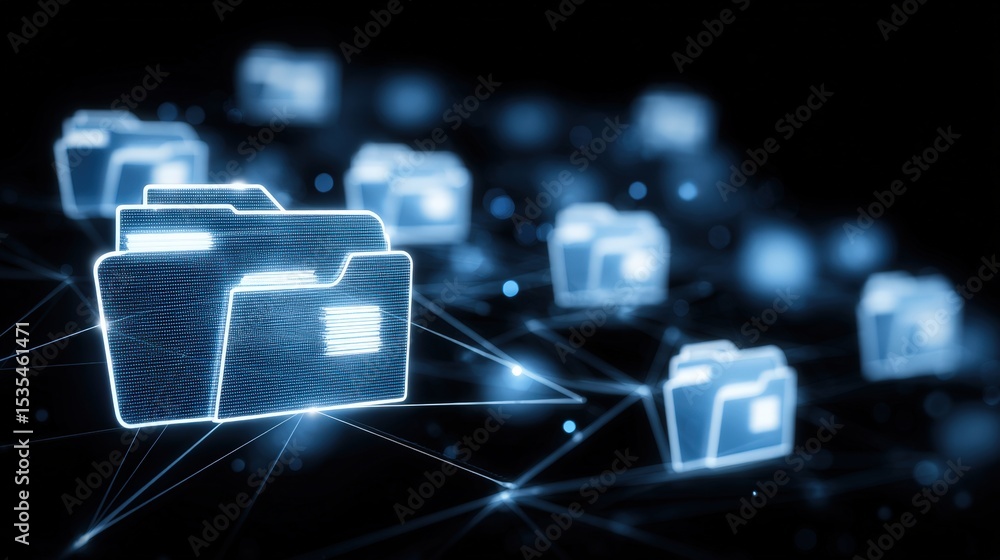 Poster abstract network grid with files and folders, futuristic software interface, digital document manage