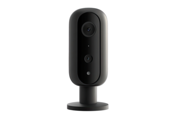 Dark gray security camera with two lenses, standing on a base