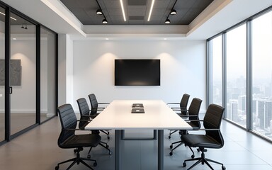Modern conference room with minimalist design and empty table ready for meeting. High quality