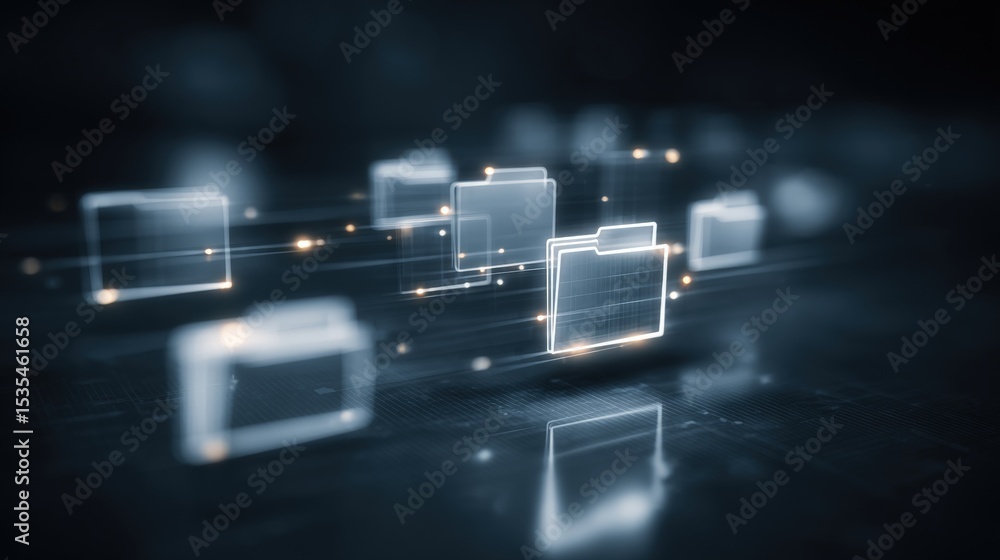 Poster abstract network grid with files and folders, futuristic software interface, digital document manage