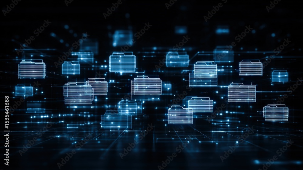 Poster abstract network grid with files and folders, futuristic software interface, digital document manage