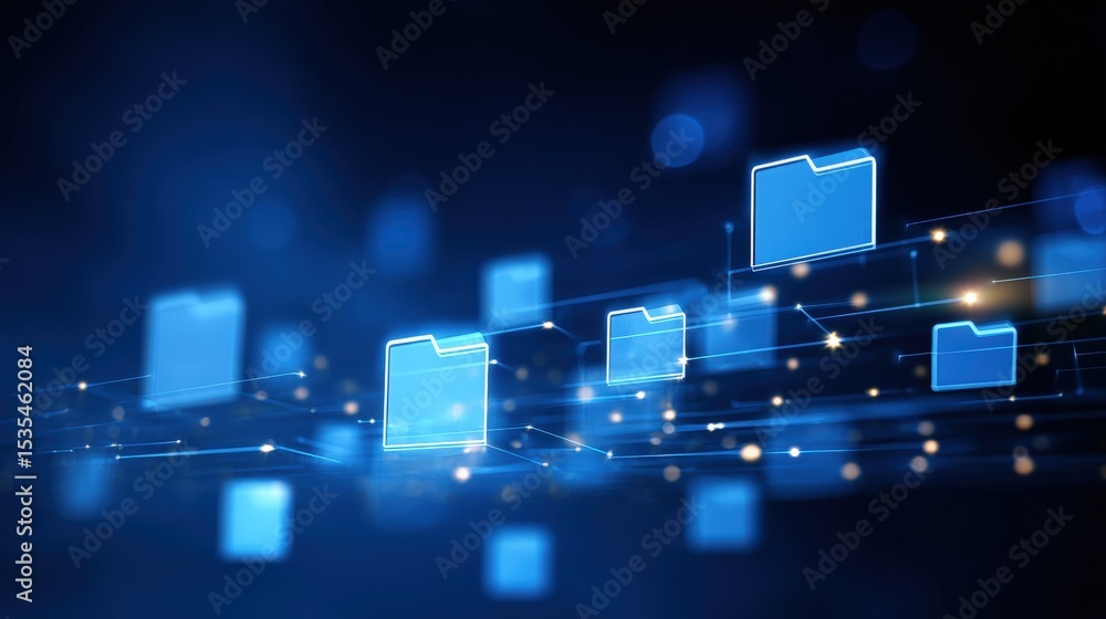 Poster abstract network grid with files and folders, futuristic software interface, digital document manage