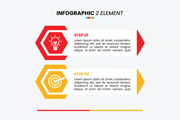 Two-step infographic with hexagonal icons: red lightbulb for idea, yellow target for goal. Clean layout with placeholder text, ideal for visualizing a simple process