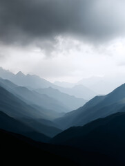 distant mountains barely visible through dense low-hanging clouds
