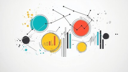 Obraz premium Infographic illustration with circles, lines, and bar charts on a white background. Design element for data analysis, business statistics, and financial reporting concepts.