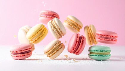 Obraz premium Colorful Macarons in Mid-Air Against a Soft Pink Background with Flying Almond Flakes, Powdered Sugar, and Creamy Filling – Vibrant, Whimsical Dessert Explosion in Motion
