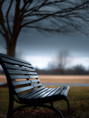 empty bench under a leafless tree in a moody park scene