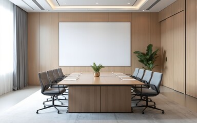 Contemporary minimalist conference room with minimal decor. Featuring clean lines and a professional layout. High quality