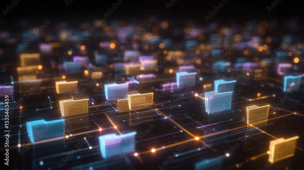 Poster abstract network grid with files and folders, futuristic software interface, digital document manage
