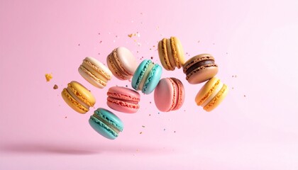 Obraz premium Colorful Macarons in Mid-Air Against a Soft Pink Background with Flying Almond Flakes, Powdered Sugar, and Creamy Filling – Vibrant, Whimsical Dessert Explosion in Motion